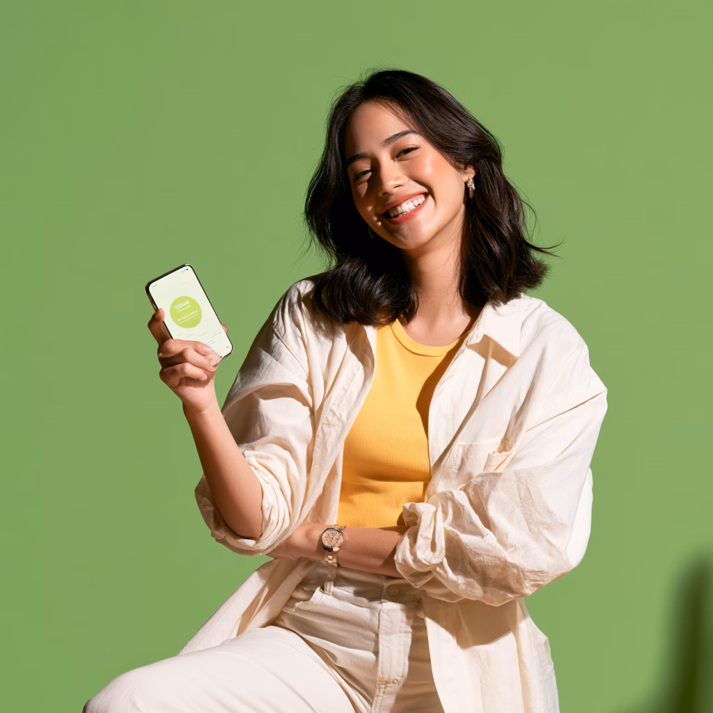 Woman happy checking cashback balance on mobile phone