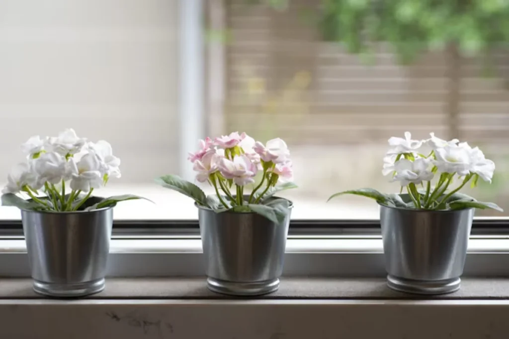 flores em vaso na janela do apartamento