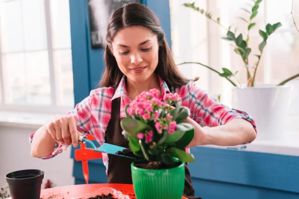 mulher cuidando das flores para pendurar na varanda