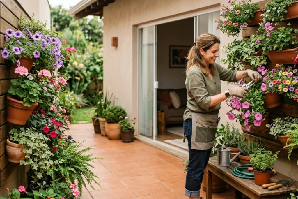 15 flores para jardim vertical: Veja as melhores opções 20 Mulher cuidando do jardim vertical