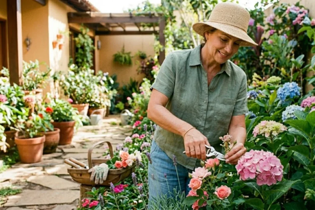 Mulher cuidando das flores