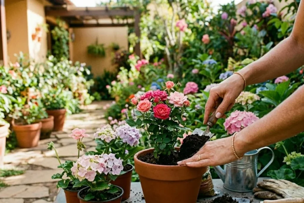 Pessoa cuidando de Flores em Vaso