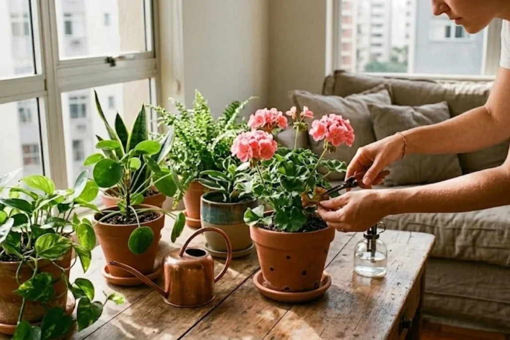 pessoa cuidando de flores em vaso dentro da casa