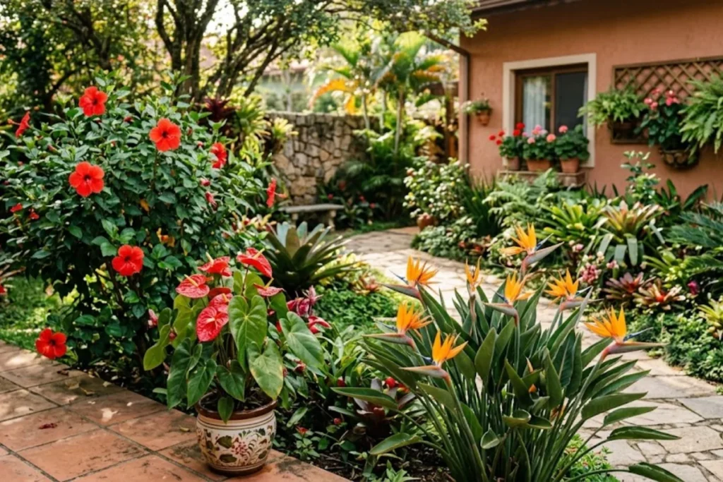Jardim com Flores Tropicais