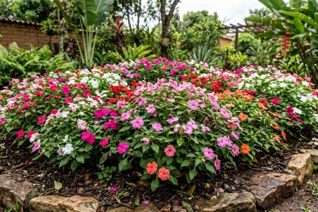 Flor impatiens: Como plantar e cuidar para ter floração o ano todo 3 canteiro com flores impatiens