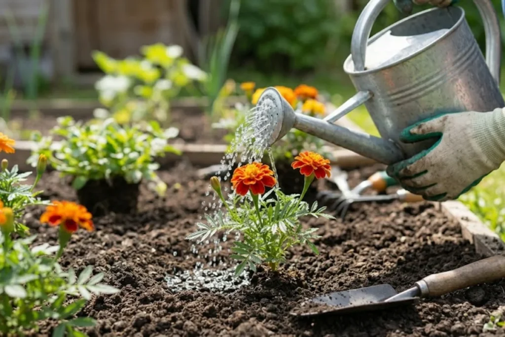 Flor tagetes: Guia completo de plantio e cuidados 6 Regando a flores tagetes