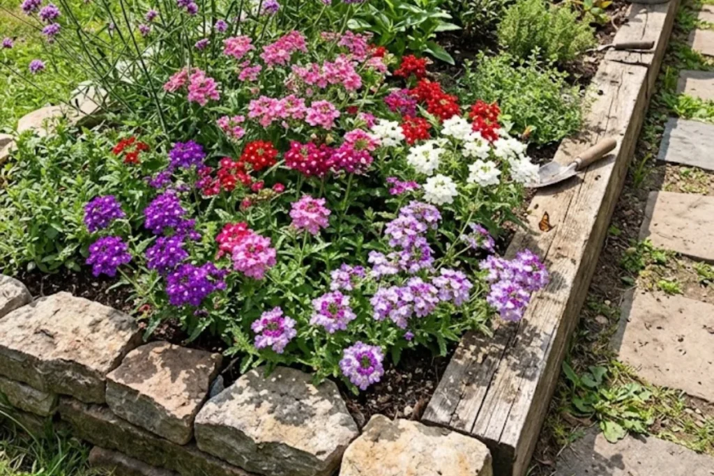 Canteiro colorido com flores verbena 