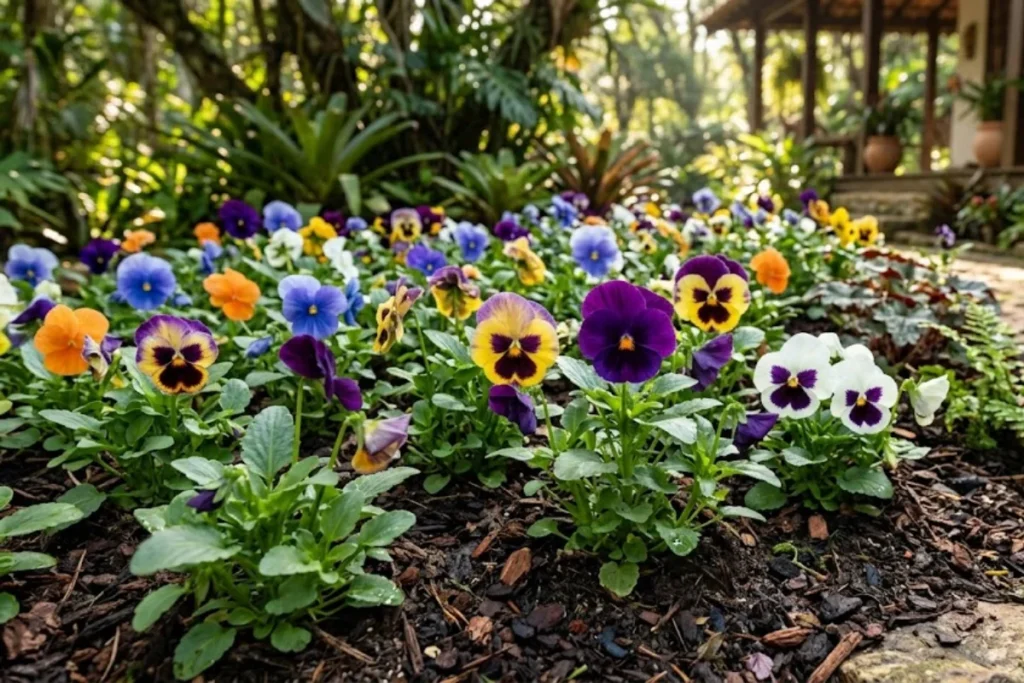 Jardim com varias flores de amor-perfeito