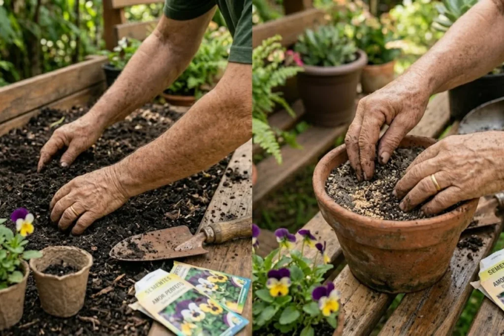 pessoa preparando o solo para plantar a flor de amor perfeito