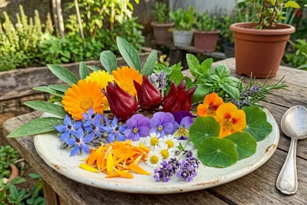 Prato com varias flores comestiveis